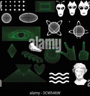 Brutalism Graphic Box - etichetta Techwear Y2K retrofuturistica, Cyberpunk 3D Elements, HUD e Acid Rave Vector Set Illustrazione Vettoriale