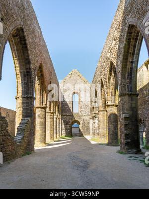 Abbazia di Saint-Mathieu de fine-Terre, in Bretagna, Francia. Gli interni in rovina gotica illuminati dal sole rivelano archi torreggianti e colonne in pietra intemprata. Foto Stock