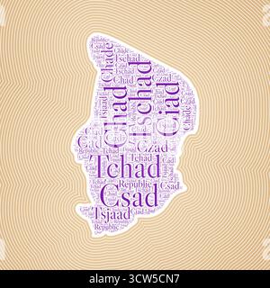 Forma del Ciad formata dal nome del paese in più lingue. Bordo ciad su elegante sfondo sfumato a righe. Poster vibrante. Illustrazione Vettoriale