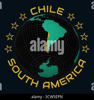Repubblica del Cile su Globe. Arrotondare il testo del nome del paese e del continente. Vista paese sulla mappa del mondo con tavolozza dei colori Black Emerald. Forma del Cile sulla mappa. Illustrazione Vettoriale
