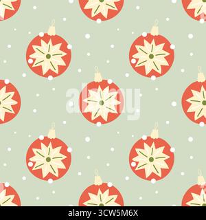 Motivo di decorazioni dell'albero di Natale con ornamenti. Palle rosse e fiocchi di neve su sfondo verde chiaro. Illustrazione vettoriale Illustrazione Vettoriale