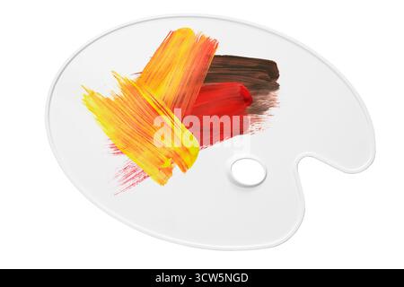 Colori misti giallo e rosso sulla tavolozza dell'artista isolati su bianco Foto Stock