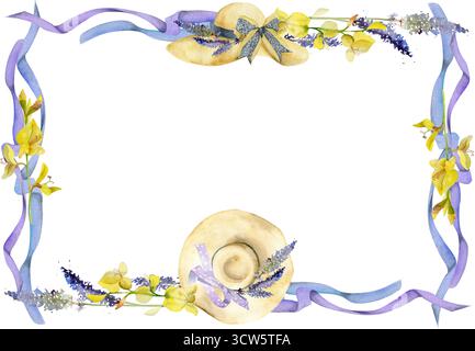 Cappello estivo di paglia con arco di lavanda, nastri a serpentina in streaming, fiori spartium di scopa spagnola. Immagine isolata del telaio disegnata a mano in acquerello Foto Stock