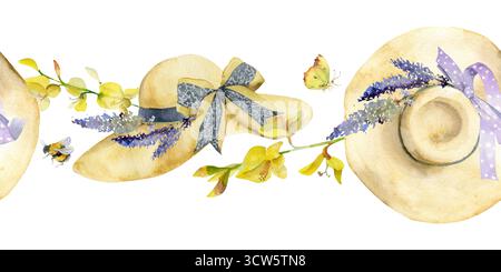 Cappello di paglia intrecciato con fascia di fiocco a nastro, bouquet di lavandula alla lavanda. Fiori di Spartium e farfalla volante. Mano isolata per striscioni senza cuciture Foto Stock