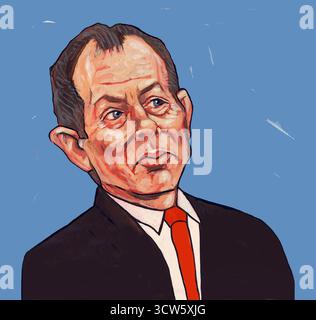 Caricatura dell'ex primo Ministro britannico ex leader del Partito Laburista, Tony Blair, Sir Anthony Charles Lynton Blair, che ancora influenza la politica britannica Foto Stock