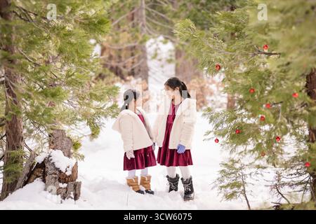 Due ragazze con abiti coordinati si trovano nella foresta innevata di Tahoe Foto Stock