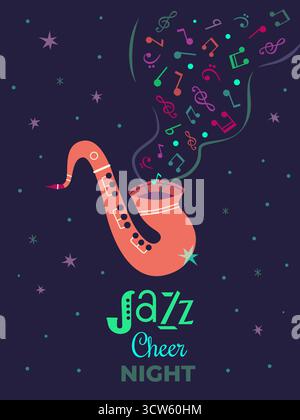 Festività invernali Natale Jazz Night Cheer Vector poster. Sassofono, note musicali illustrazione di elementi di design. Natale, Natale, gioia per le vacanze Illustrazione Vettoriale