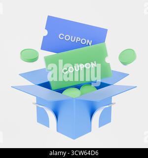 Icona 3D di un buono sconto e una pila di monete da un dollaro all'interno di una confezione regalo blu. Foto Stock