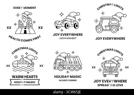 L'immagine è una collezione di sei diversi design a tema natalizio, ciascuno con un diverso tipo di veicolo. I progetti includono un camion, un'auto, un Illustrazione Vettoriale