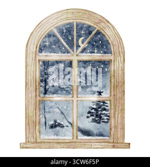 Illustrazione ad acquerello di una finestra di legno con una scena notturna innevata all'esterno, luna e stelle. Disegno del paesaggio invernale per accoglienti composizioni natalizie, biglietti d'auguri di Natale o design di Capodanno. Foto Stock