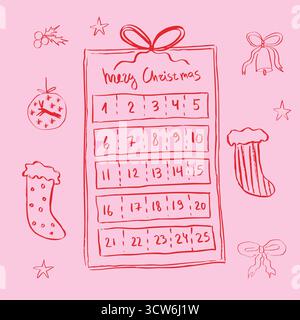 Illustrazione vettoriale lineare del doodle calendario dell'avvento e decorazioni per Natale. Illustrazione Vettoriale