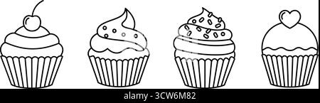 Quattro deliziosi cupcake, ciascuno decorato con guarnizioni uniche Illustrazione Vettoriale