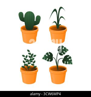 Illustrazione di quattro vasi, ciascuno con un tipo di fiore diverso. Adatto per temi flora, decorazioni e natura. Illustrazione Vettoriale