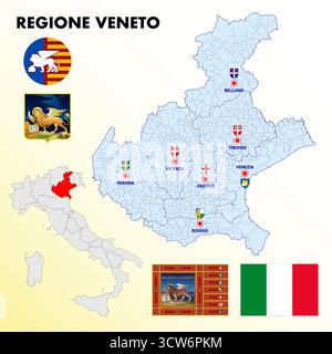 Veneto, Italia, mappa regionale e simboli della regione e delle città, illustrazione vettoriale Illustrazione Vettoriale
