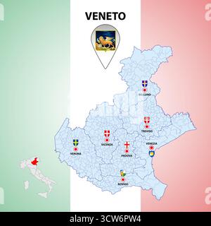 Veneto, Italia, mappa regionale e simboli della regione e delle città, illustrazione vettoriale Illustrazione Vettoriale