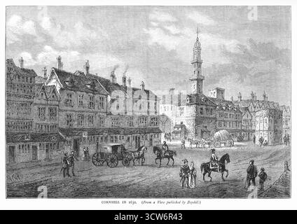 Un'incisione del XIX secolo di Cornhill nel 1630, un'area aperta con carrozze trainate da cavalli, persone a piedi, edifici e una chiesa lontana. Foto Stock