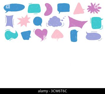 Crayon Doodle Speech Bubble Collection. Cornici per parlare con gesso disegnate a mano. Set di caselle di testo carine per Chat e adesivi Illustrazione Vettoriale