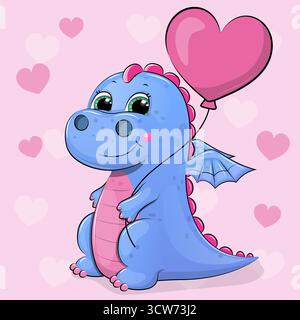 Carino cartone animato Dragon con palloncino a forma di cuore. Illustrazione vettoriale di un animale su sfondo rosa con cuori. Illustrazione Vettoriale