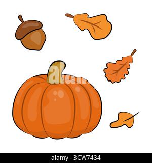 Carino set autunnale con zucca, foglie e ghianda. Illustrazione vettoriale di oggetti caduti su sfondo bianco. Illustrazione Vettoriale