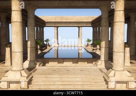 Antica terrazza e piscina egiziana, circondata da colonne di pietra, con riflesso del cielo blu nell'acqua. Illustrazione con rendering 3D. Foto Stock