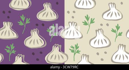 Schema vettoriale senza cuciture di cibo georgiano di khinkali in stile doodle. Khinkali, cibo della Georgia. Modello. Illustrazione Vettoriale