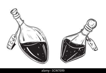Schizzo della fiala di pozione. Immagine del vettore di inchiostro disegnato a mano della bottiglia di veleno. Elementi grafici lineari per il design Halloween isolati su bianco Illustrazione Vettoriale
