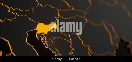 Mappa 3d della Slovenia dorata circondata da altri paesi in nero con bordi dorati e dof poco profondi. Europa carta politica con confini Foto Stock