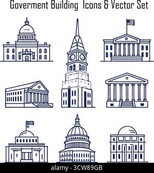 Set di icone degli edifici governativi: Parlamento, Campidoglio, Corte, Municipio, simboli di architettura ufficiali Illustrazione Vettoriale