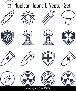 Set di icone nucleari - radiazioni, energia atomica, simboli di pericolo, segnali di avvertimento radioattivi" Illustrazione Vettoriale