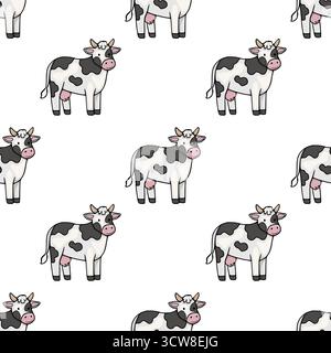 Schema vettoriale dei cartoni animati di giocose mucche Holstein con macchie bianche e nere, su uno sfondo bianco e pulito. Illustrazione Vettoriale