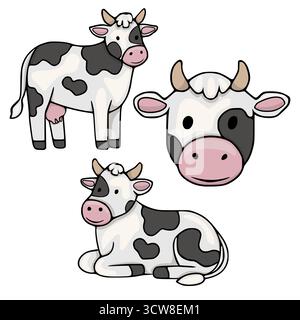 Affascinanti illustrazioni vettoriali di una mucca macchiata in bianco e nero in varie pose, tra cui in piedi, sdraiati e un primo piano della sua testa, perfetto per te Illustrazione Vettoriale