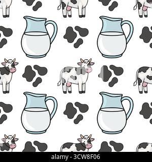 Motivo vettoriale senza cuciture con affascinanti mucche cartoni animati e brocche di latte con macchie nere astratte, che evocano un divertente tema caseario. Illustrazione Vettoriale