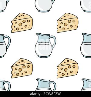 Un affascinante motivo vettoriale con fette di formaggio svizzero e caraffe di latte, perfetto per disegni a tema alimentare e sfondi giocosi. Illustrazione Vettoriale