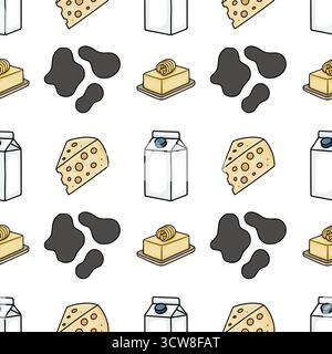 Un affascinante modello vettoriale che presenta prodotti caseari come cartoni di latte, spicchi di formaggio, polpettine di burro e macchie di mucca, perfetto per i progetti relativi al cibo. Illustrazione Vettoriale