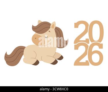 Simbolo del nuovo anno, cavallo e numeri 2026. Felice anno nuovo. Illustrazione vettoriale in stile piatto. Illustrazione Vettoriale