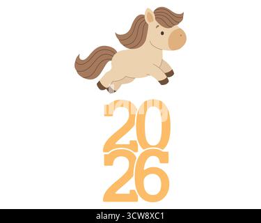 Simbolo del nuovo anno, cavallo e numeri 2026. Felice anno nuovo. Illustrazione vettoriale in stile piatto. Illustrazione Vettoriale