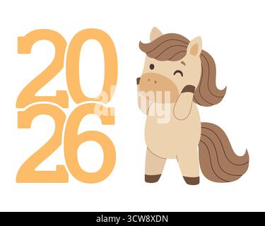 Simbolo del nuovo anno, cavallo e numeri 2026. Felice anno nuovo. Illustrazione vettoriale in stile piatto. Illustrazione Vettoriale