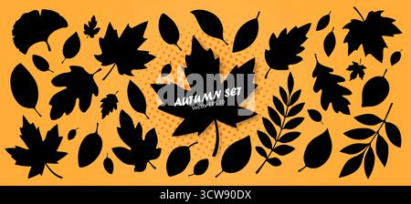 Una grande serie di silhouette di foglie autunnali in nero con forme diverse e colori arancioni. Illustrazione Vettoriale