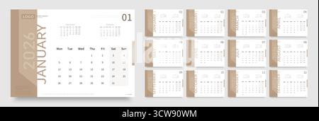Il layout vettoriale del calendario beige e bianco con l'inizio della settimana di lunedì. Illustrazione Vettoriale