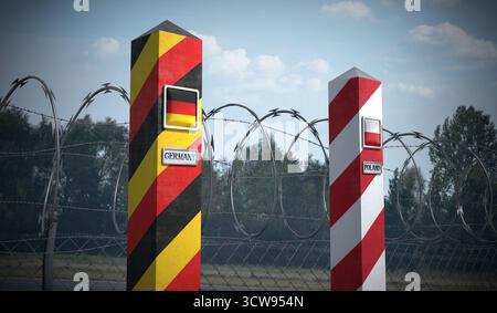 Posti di frontiera con bandiere di Germania e Polonia - illustrazione 3d. Foto Stock