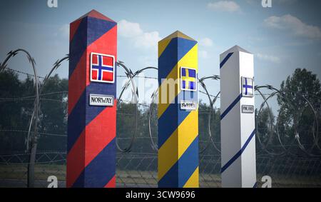 Posti di frontiera con bandiere di Norvegia, Svezia e Finlandia - illustrazione 3d. Foto Stock
