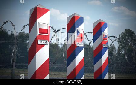 Posti di frontiera con bandiere di Polonia, Cechia e Slovacchia - illustrazione 3d. Foto Stock