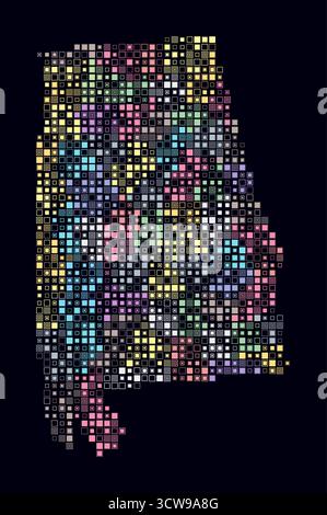 Alabama, forma dello stato costruita con cellule colorate. Mappa digitale dell'Alabama su sfondo scuro. Blocchi quadrati di piccole dimensioni. Illustrazione Vettoriale