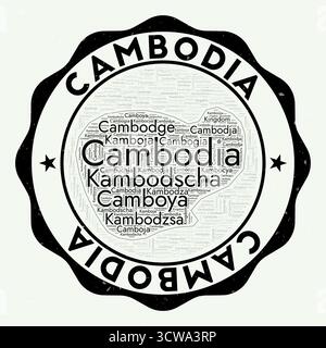 Logo della Cambogia. Attraente distintivo di paese con una nuvola di parole a forma di Cambogia. Emblema rotondo con il nome del paese. Interessante illustrazione vettoriale. Illustrazione Vettoriale