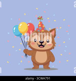 Un simpatico e sorridente personaggio di lupo mannaro che indossa un cappello da festa e tiene in mano un mucchio di palloncini colorati, perfetto per compleanni, celebrazioni o per divertirsi con un amico Illustrazione Vettoriale