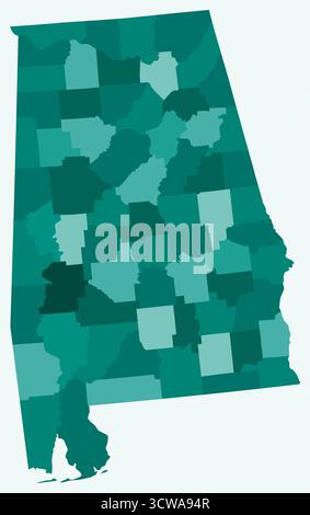 Mappa dell'Alabama con le contee. Una semplice mappa dei confini di stato con le divisioni delle contee. Tavolozza dei colori ottanio. Illustrazione Vettoriale