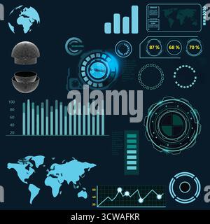 Futuristico sistema di controllo interfaccia HUD - globo terrestre 3D, grafici dati, pannelli di sicurezza e set grafico vettoriale UI Cyberpunk Illustrazione Vettoriale