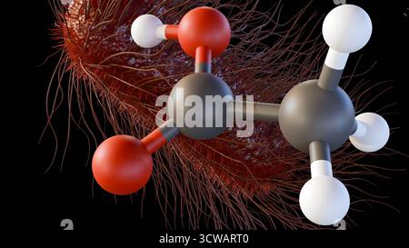 Immagine 3D del batterio Acetobacter con numerose flagelle, circondato da molecole di acido acetico. ruolo del batterio nella produzione di acido acetico. Foto Stock