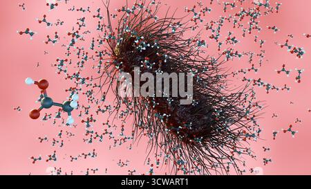 Immagine 3D del batterio Acetobacter con numerose flagelle, circondato da molecole di acido acetico. ruolo del batterio nella produzione di acido acetico. Foto Stock