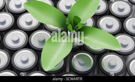 Immagine 3D della pianta verde che germoglia dalla parte superiore di una cella della batteria circondata da altre batterie. Foto Stock